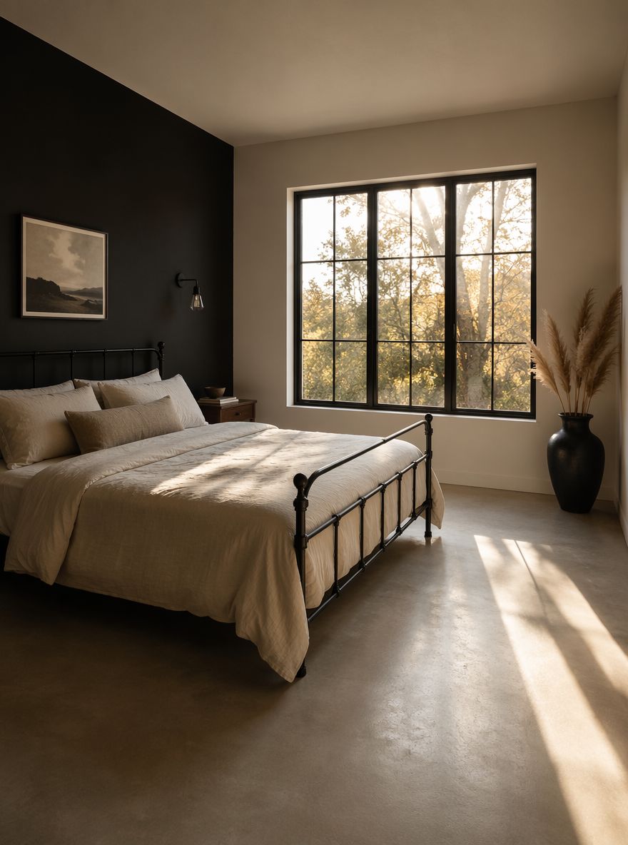 Letto in ferro nero, luce pomeridiana su pavimento in cemento