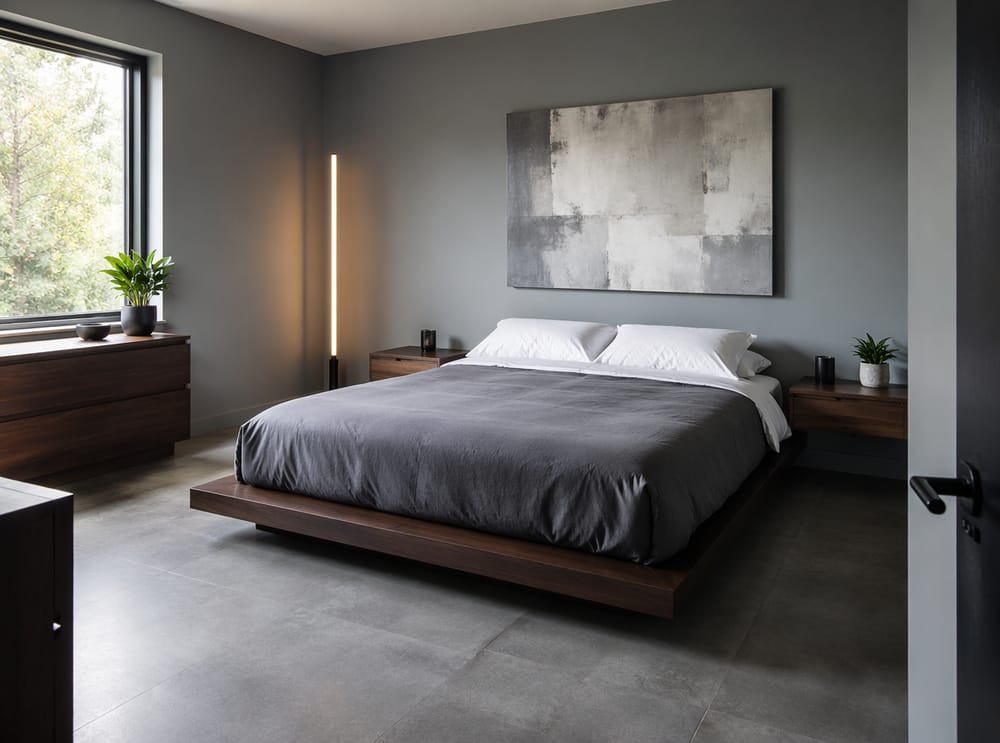 Letto piattaforma basso in noce sotto arte astratta grigia