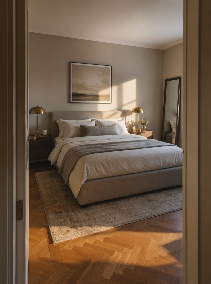 Letto piattaforma incorniciato da lampade in ottone e specchio