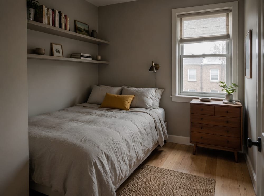 Letto ad angolo con mensole integrate sopra