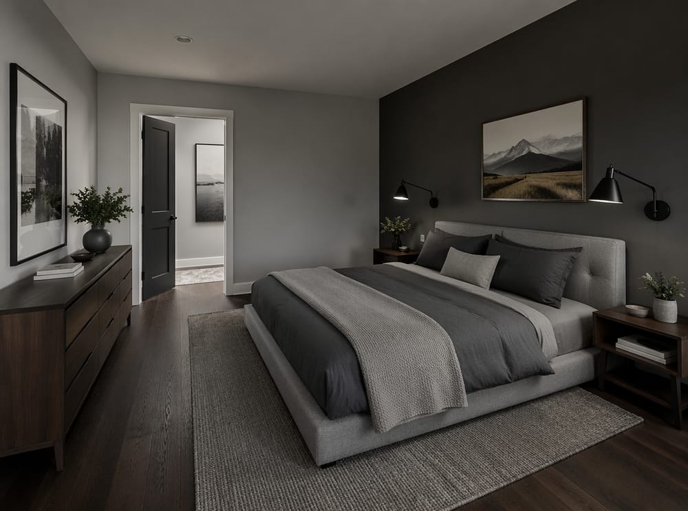 Parete accentuata in ardesia profonda dietro il letto