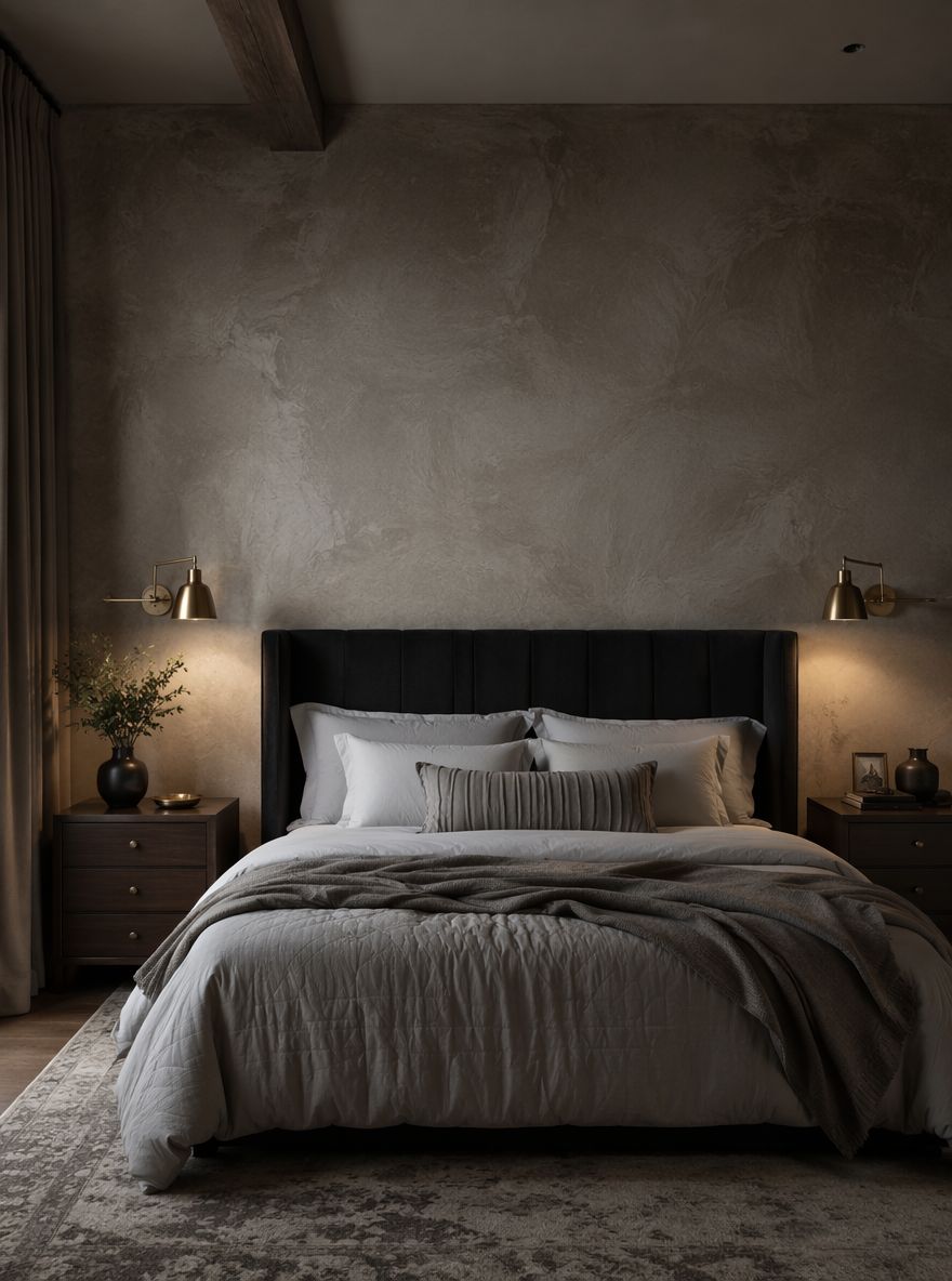 Parete con texture in gesso e applique in ottone anticato