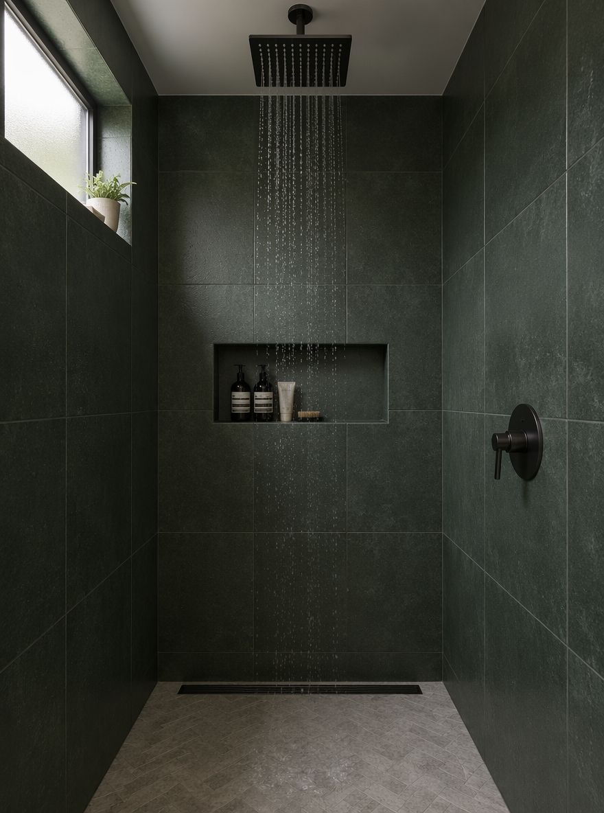 Azulejo verde cazador en ducha sin puerta