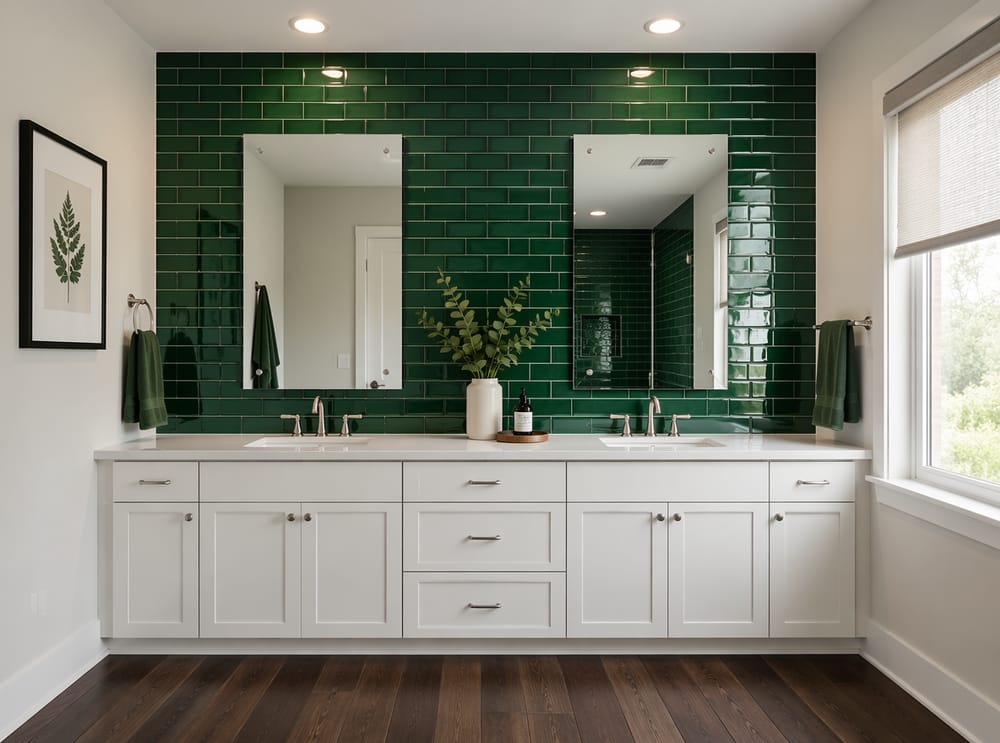Azulejo esmeralda brillante tras tocador blanco shaker