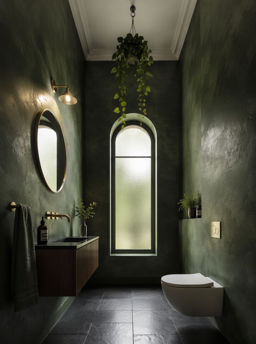 Yeso verde bosque con ventana arqueada alta