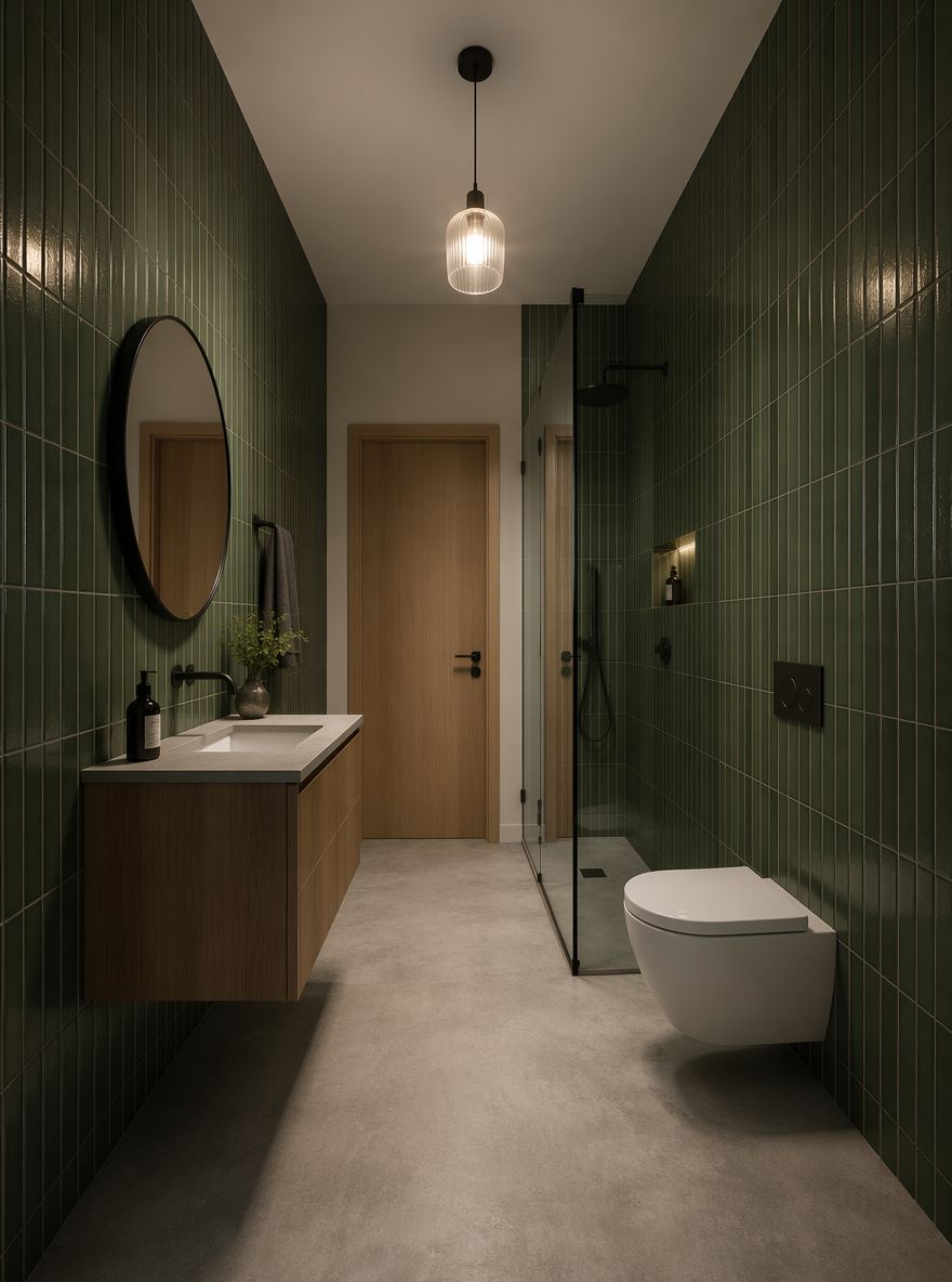 Baño angosto con azulejo vertical verde bosque