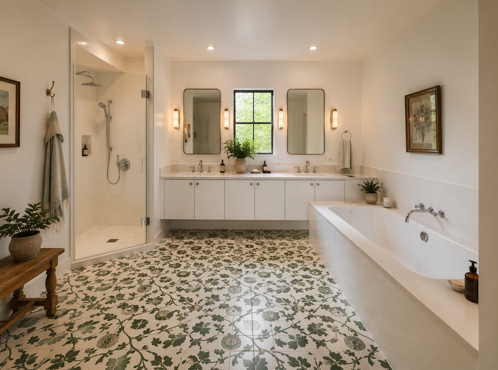 Piso botánico verde en baño totalmente blanco