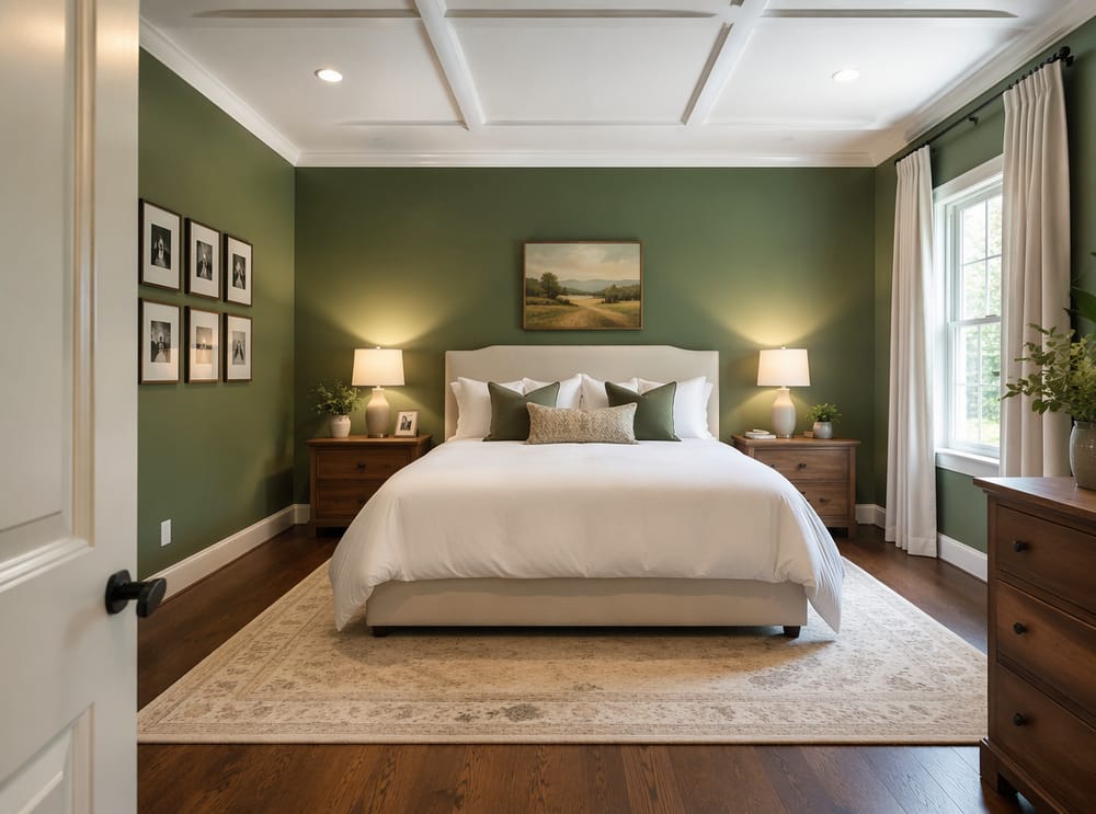 Pareti verde foresta con soffitto bianco a cassettoni