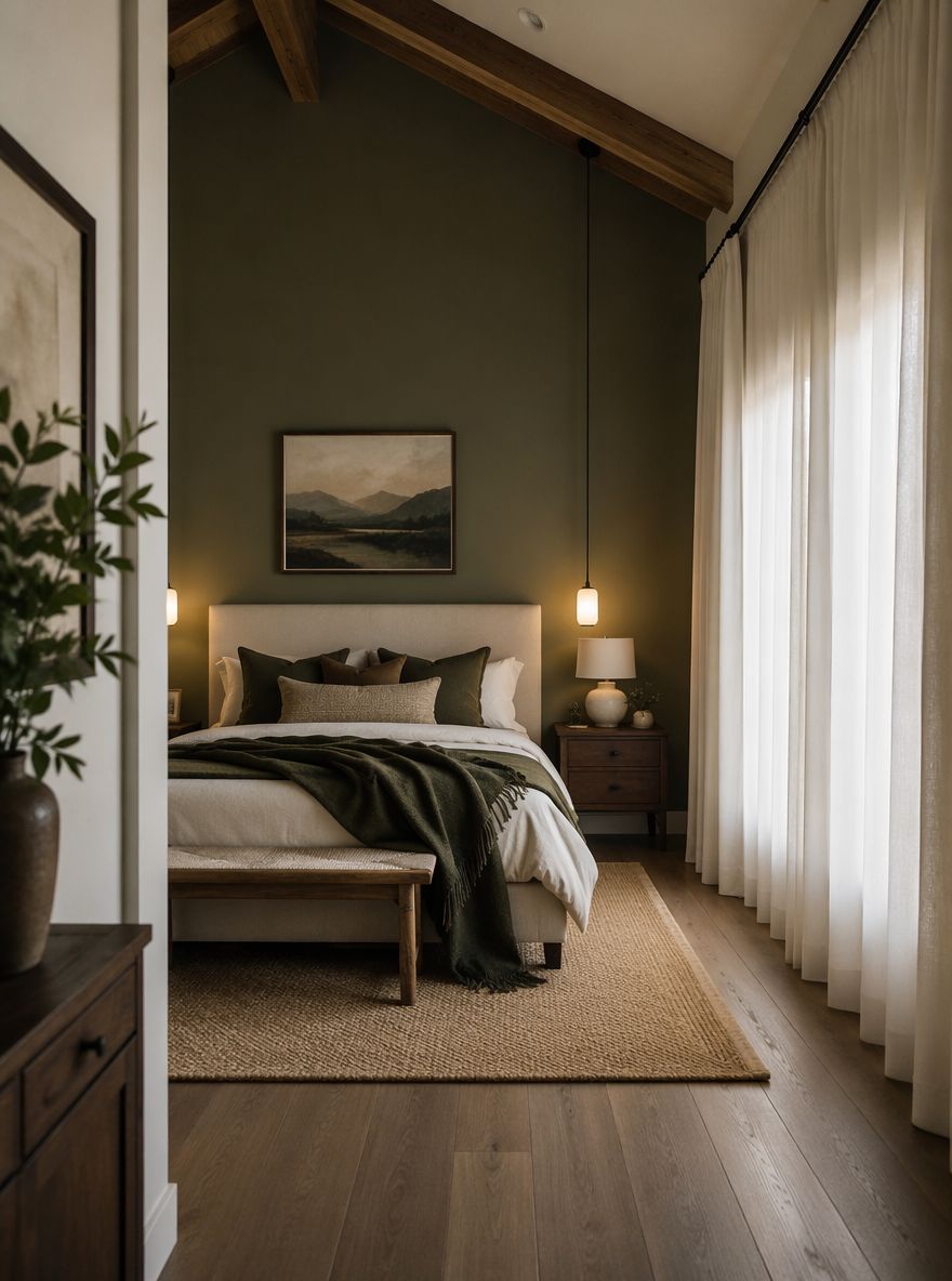 Parete d’accento oliva con soffitto alto decorato
