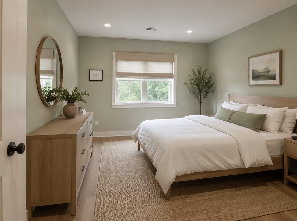 Pareti salvia delicato e letto in rovere sbiancato
