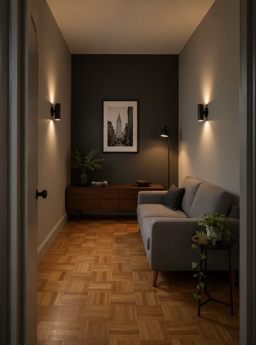 Narrow room with charcoal end wall
