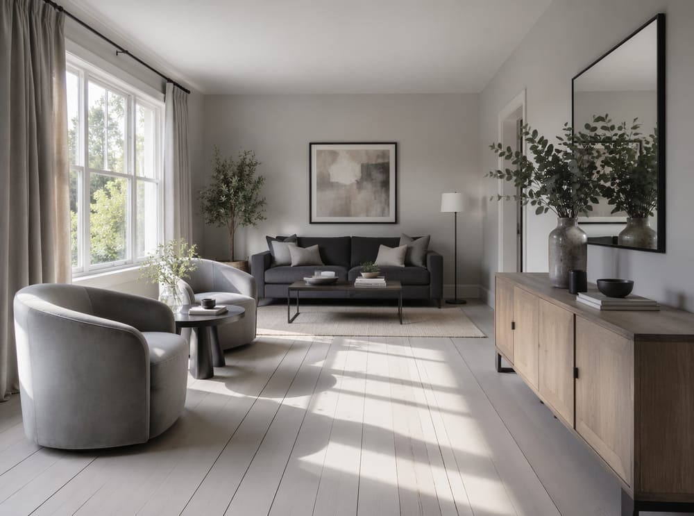 Curved dove chairs flanking a sunlit window