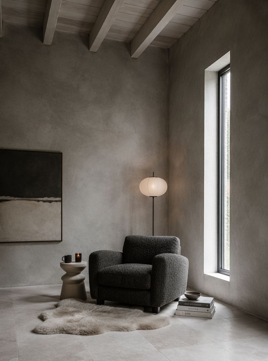 Limewash walls and charcoal armchair reading nook