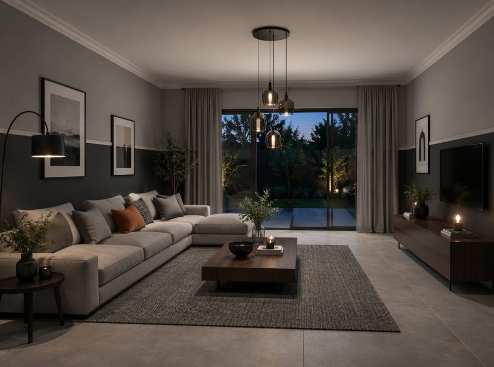 Two-tone grey walls with tonal sofa contrast