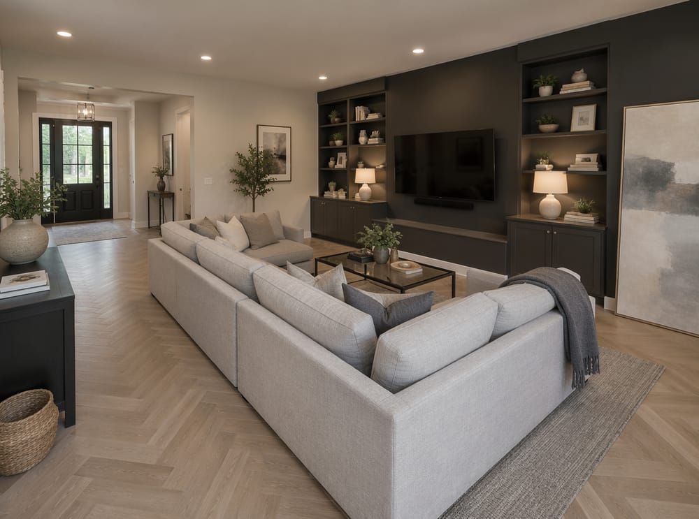 Built-in shelving flanking a charcoal TV wall