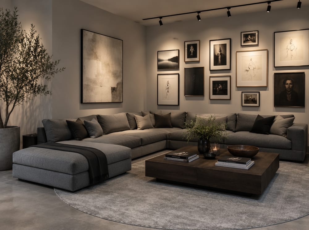 Sectional sofa beneath a curated gallery wall