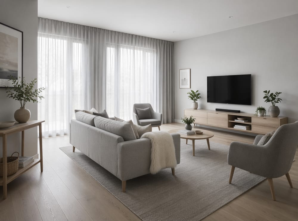 Pale Scandinavian layout with dove sofa and ash wood