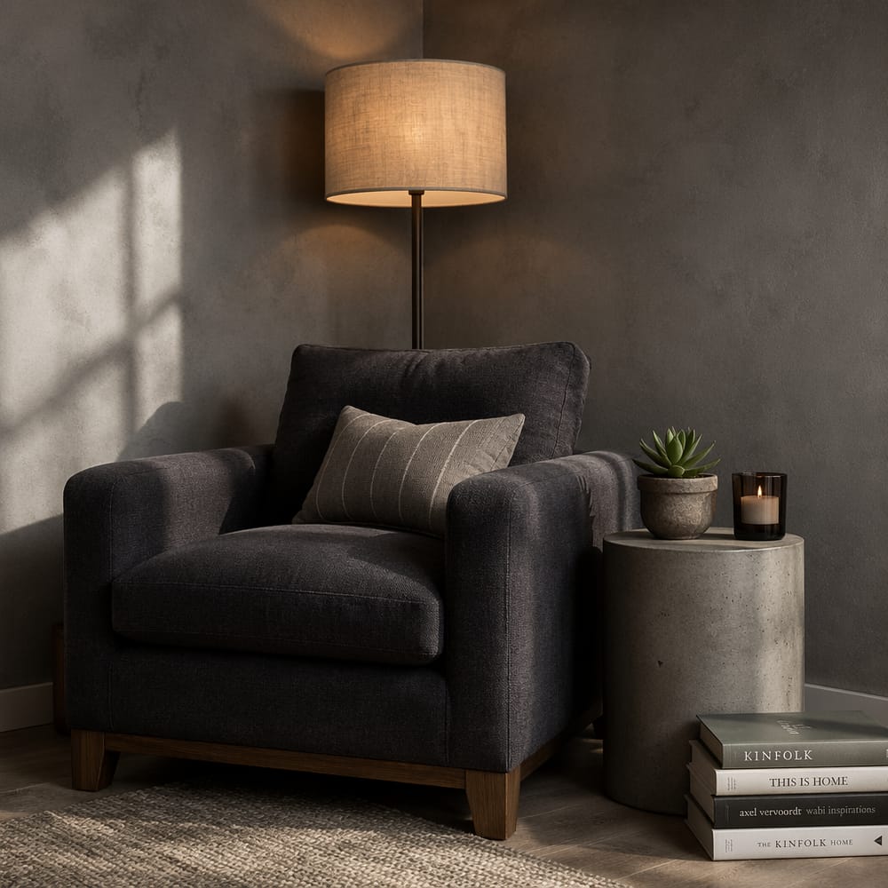 Corner armchair with concrete side table detail
