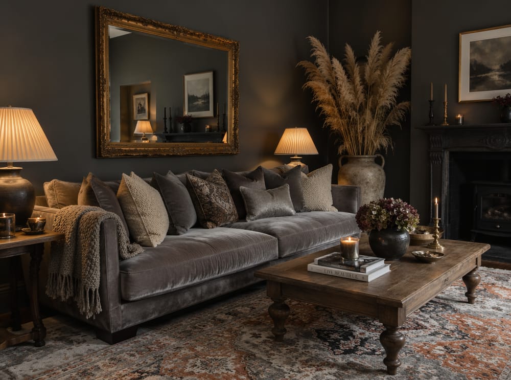 Deep charcoal walls with velvet sofa and Persian rug