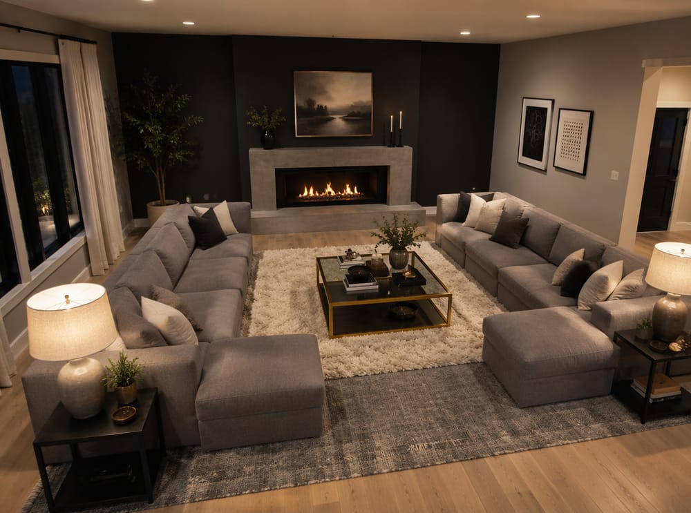 U-shaped modular sofa around a concrete fireplace