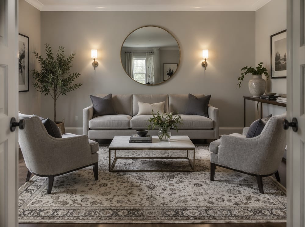 Symmetrical grey seating with brass round mirror