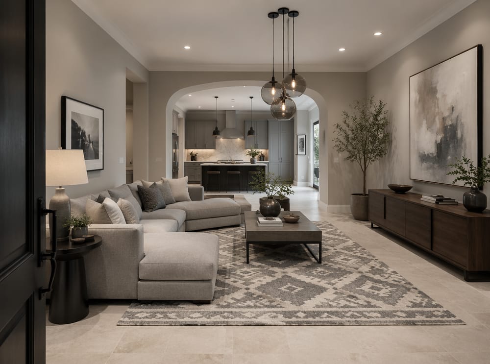 Open-plan grey living area with walnut media console