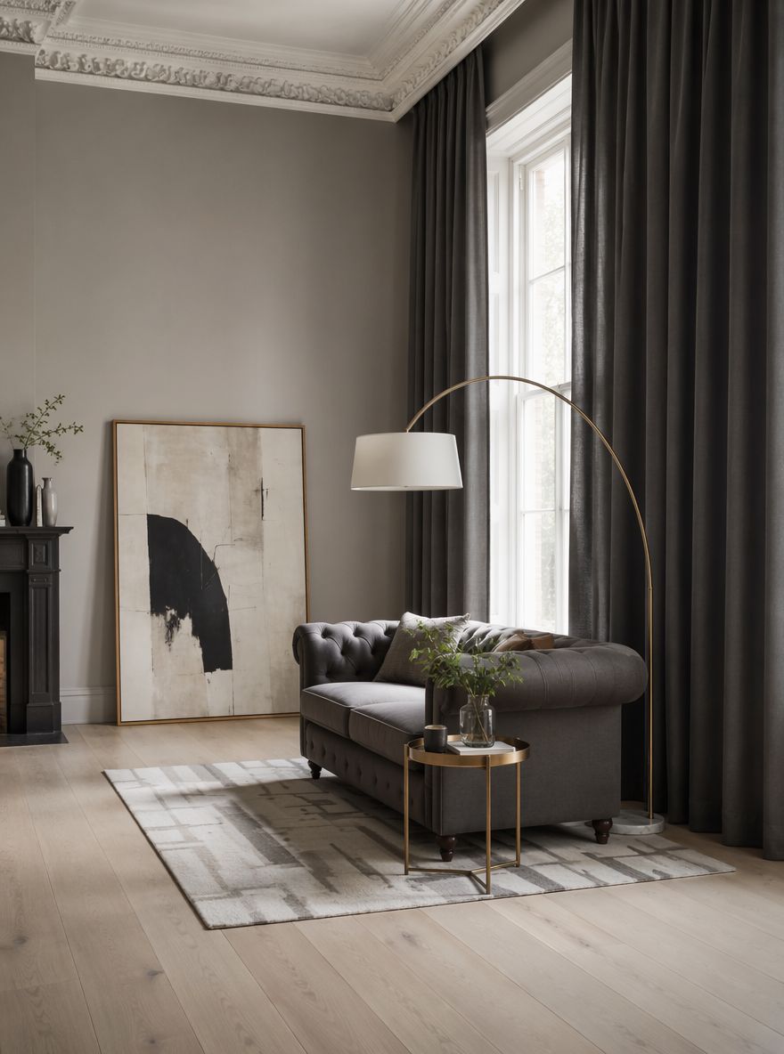 Charcoal curtains framing a chesterfield sofa