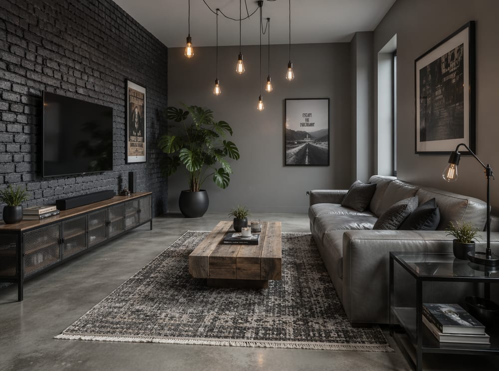 Charcoal-painted brick with grey leather sofa