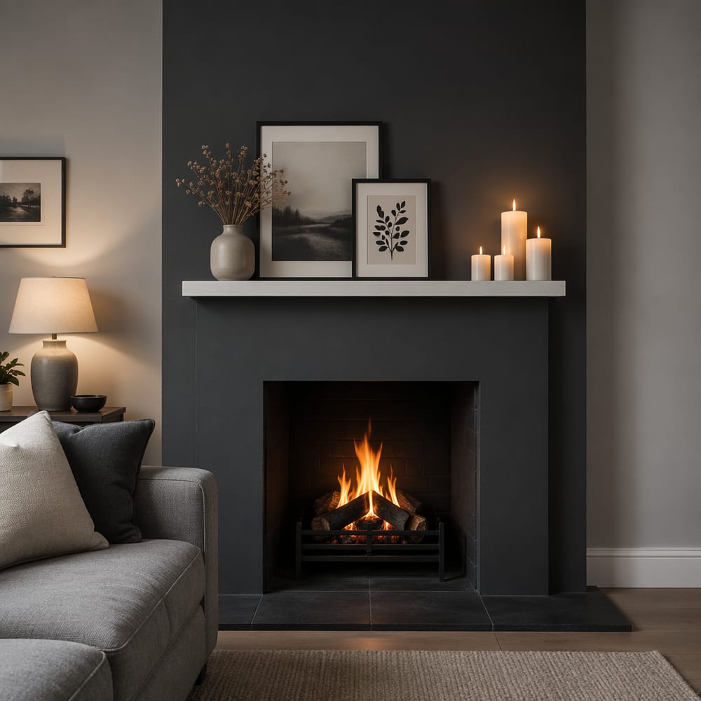 Charcoal chimney breast with slate hearth detail