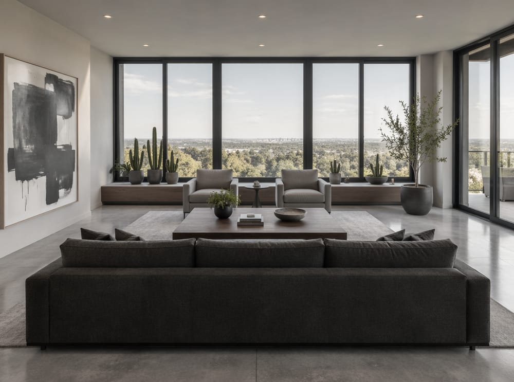 Steel-framed windows viewed over charcoal sofa back
