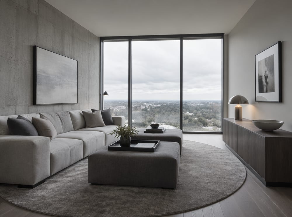 Concrete-effect wall with dove linen sofa