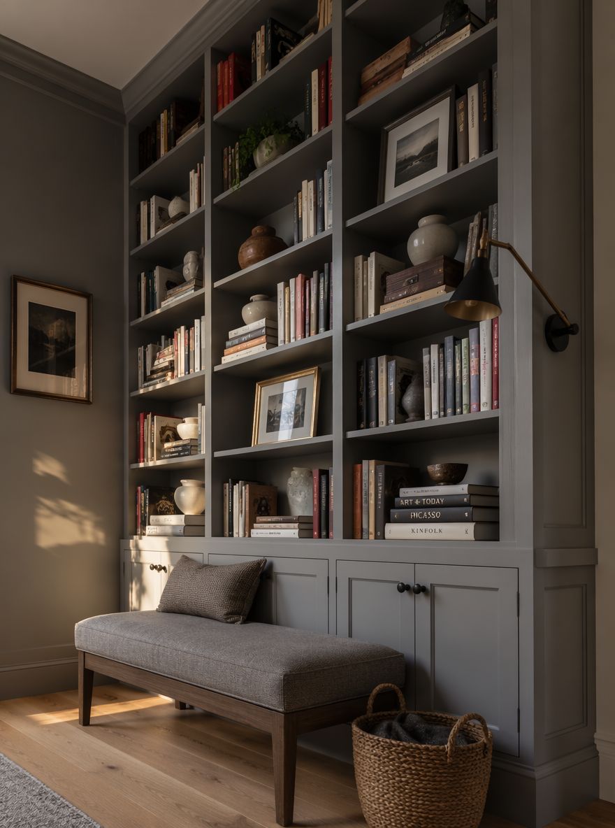 Floor-to-ceiling grey bookcase with reading bench