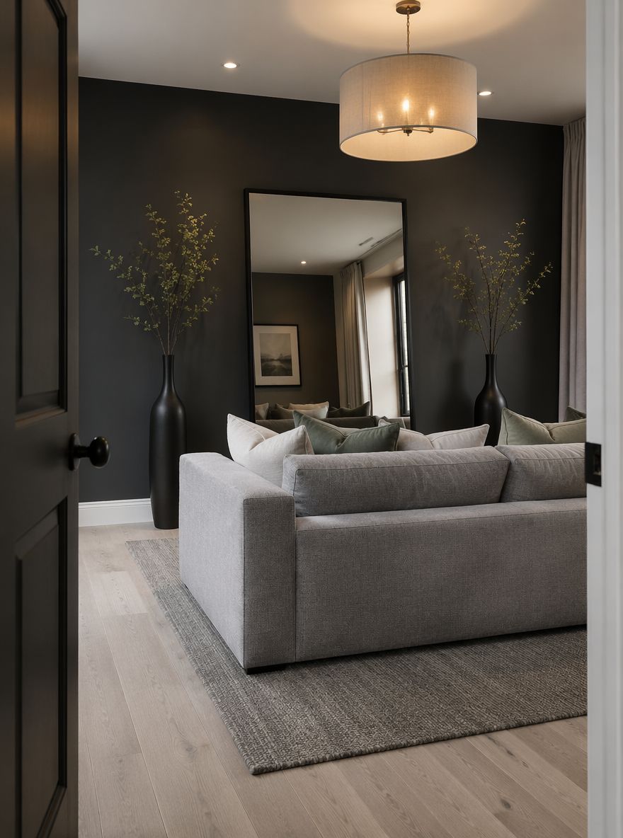 Floor-leaning mirror on deep charcoal feature wall