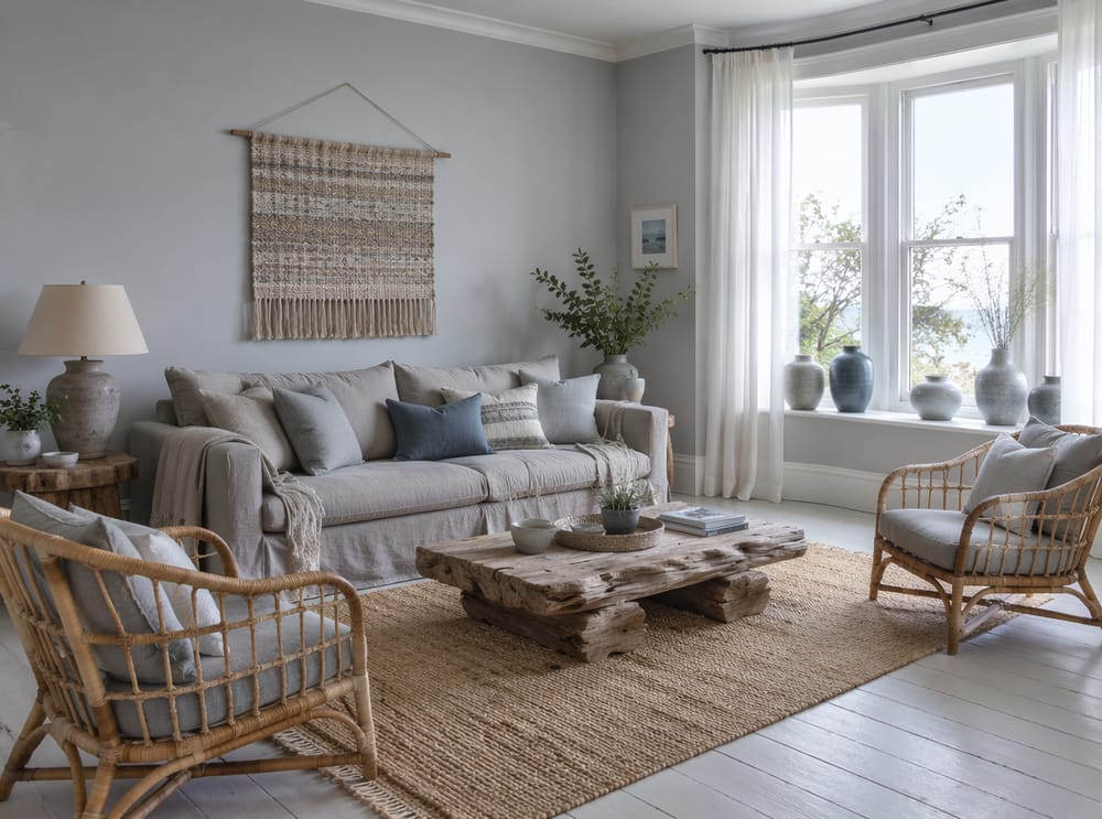 Silver-grey walls with rattan chairs and jute rug