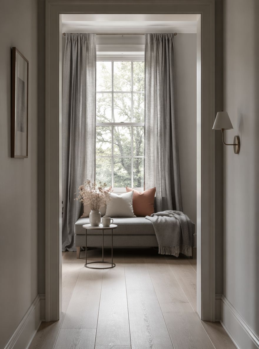 Window bench with pooling dove-grey curtains