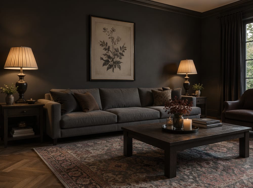 Moody charcoal room with vintage Persian rug
