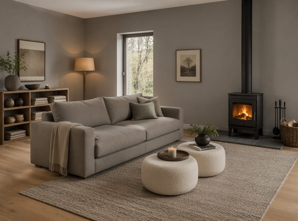 Warm greige walls with wood-burning stove