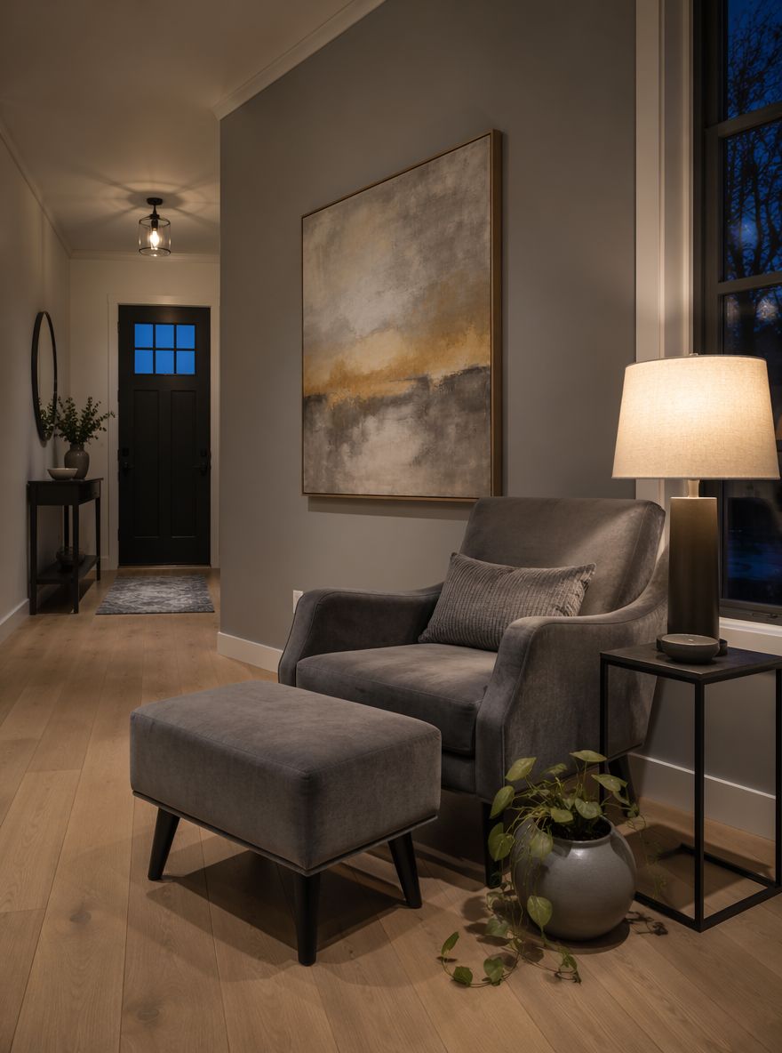 Velvet armchair with footstool in evening light