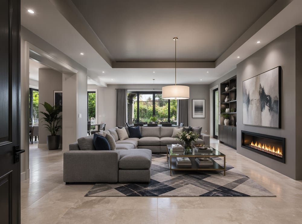 Split-level ceiling with tonal grey contrast