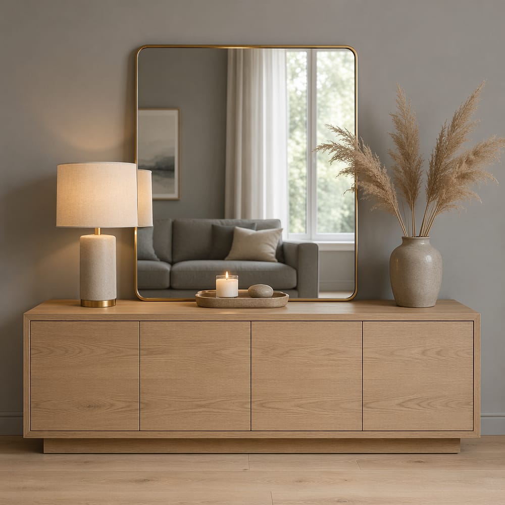 Sideboard vignette with brass mirror on dove wall