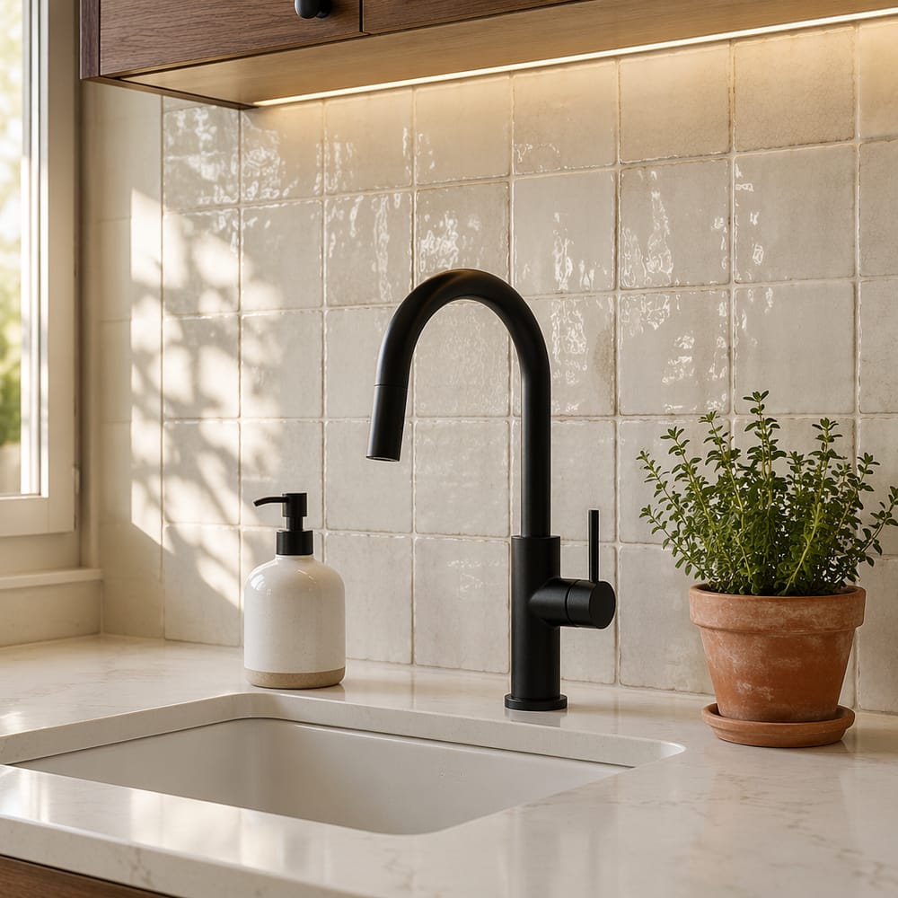 Revestimiento de azulejo Zellige con grifo negro mate