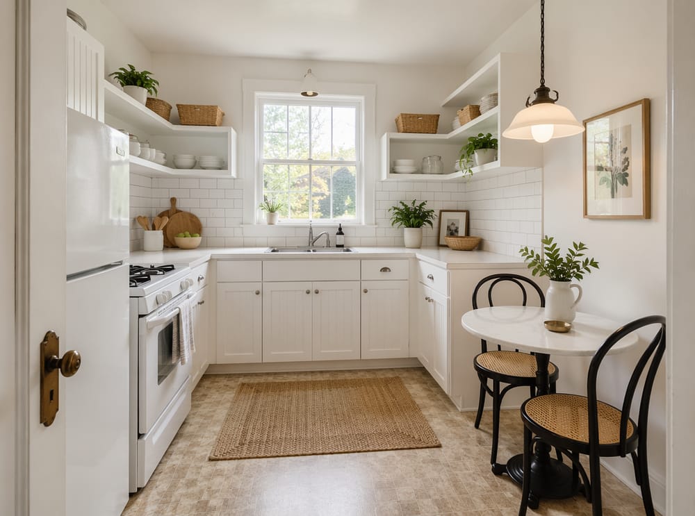 Cocina en U con puertas tipo beadboard y estantes abiertos