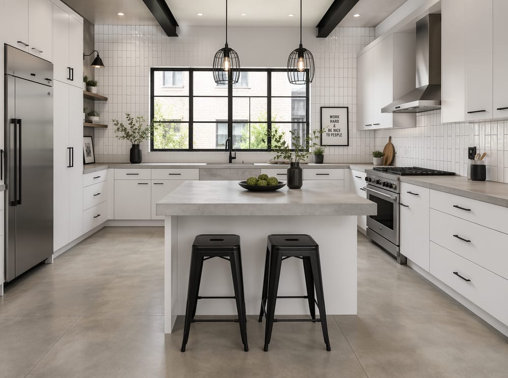Encimeras de concreto y herrajes negros mate en cocina blanca
