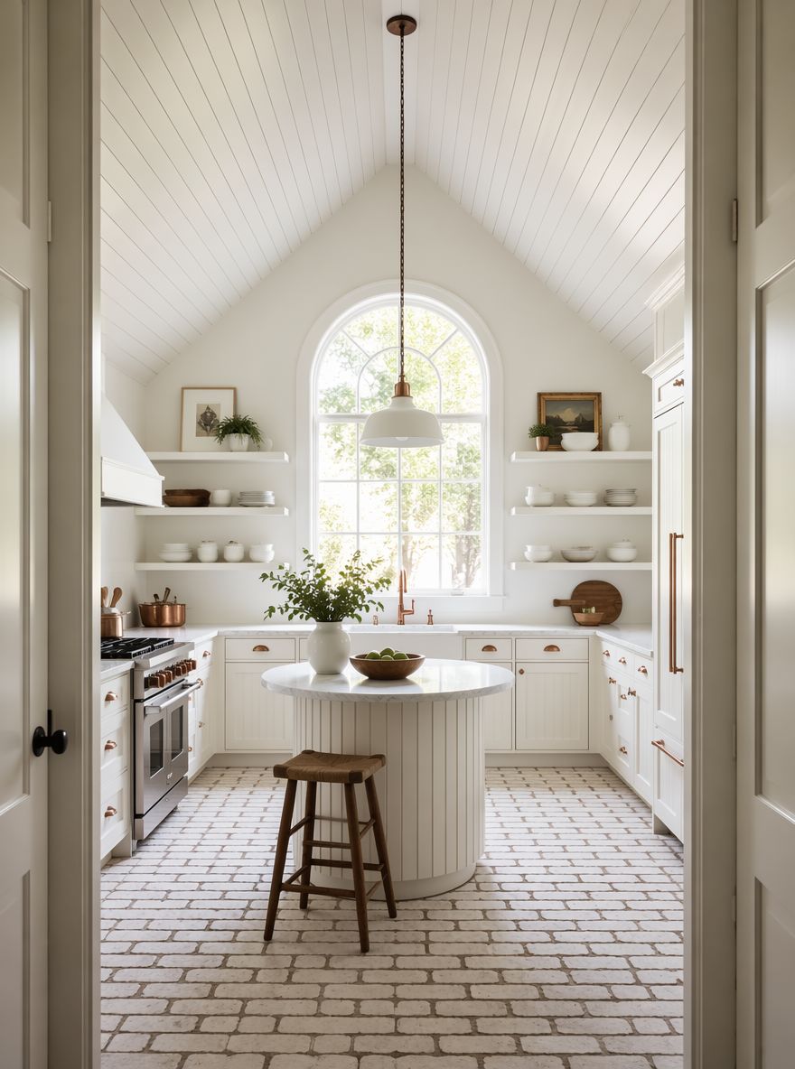 Techo de shiplap con arco y ventana grande en cocina blanca