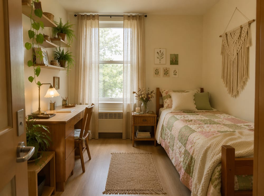 Cottagecore pokoj s makramé a sušenými květinami