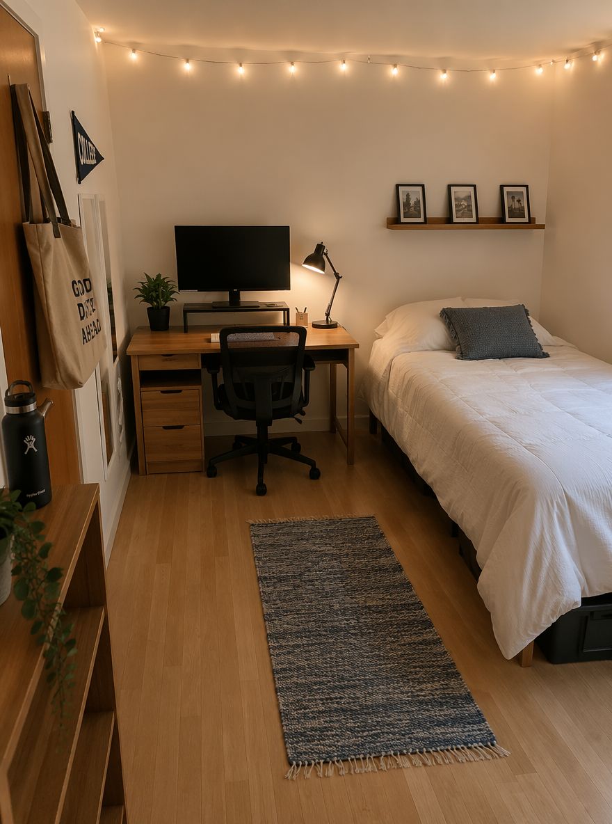 Šikmý pohled na stůl a postel se závěsnými světly