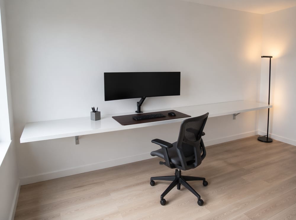 Scrivania sospesa minimal con monitor ultrawide