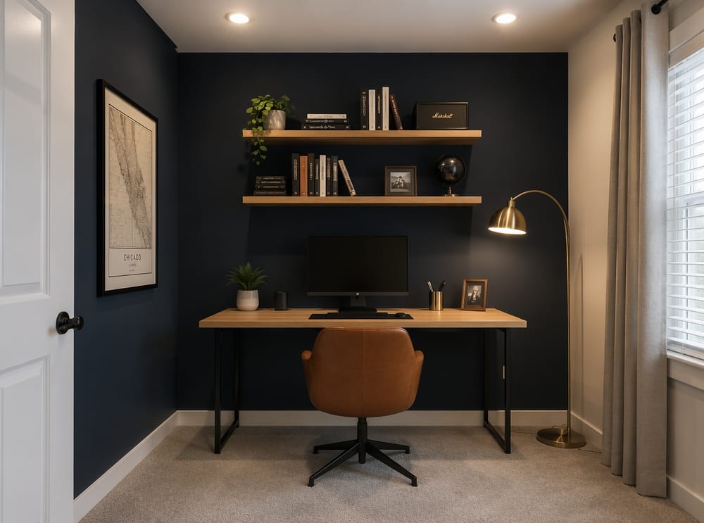 Parete blu navy dietro postazione in rovere