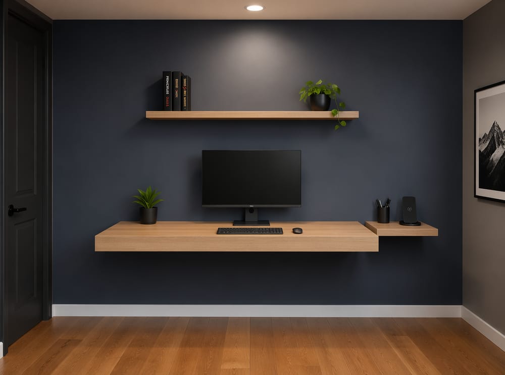 Parete blu ardesia con mensole sospese in rovere