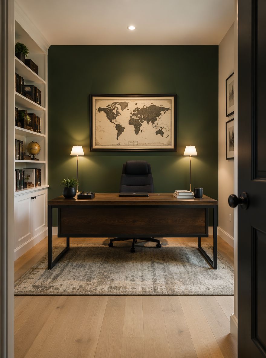 Parete verde scuro con lampade da scrivania simmetriche